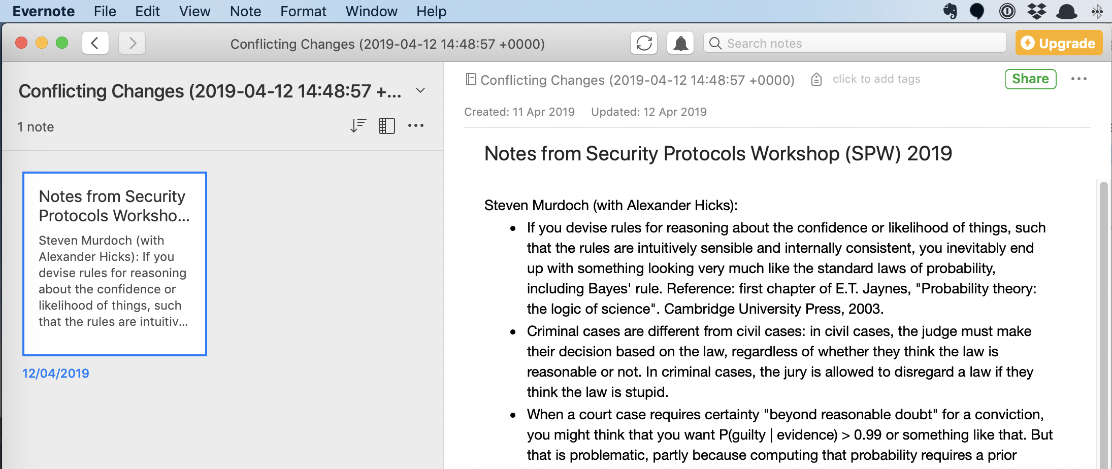 Evernote 中一条存在冲突编辑的笔记