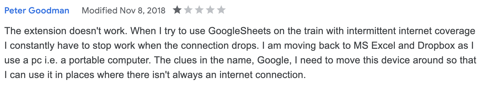 用户对 Google Docs 离线扩展的一条差评