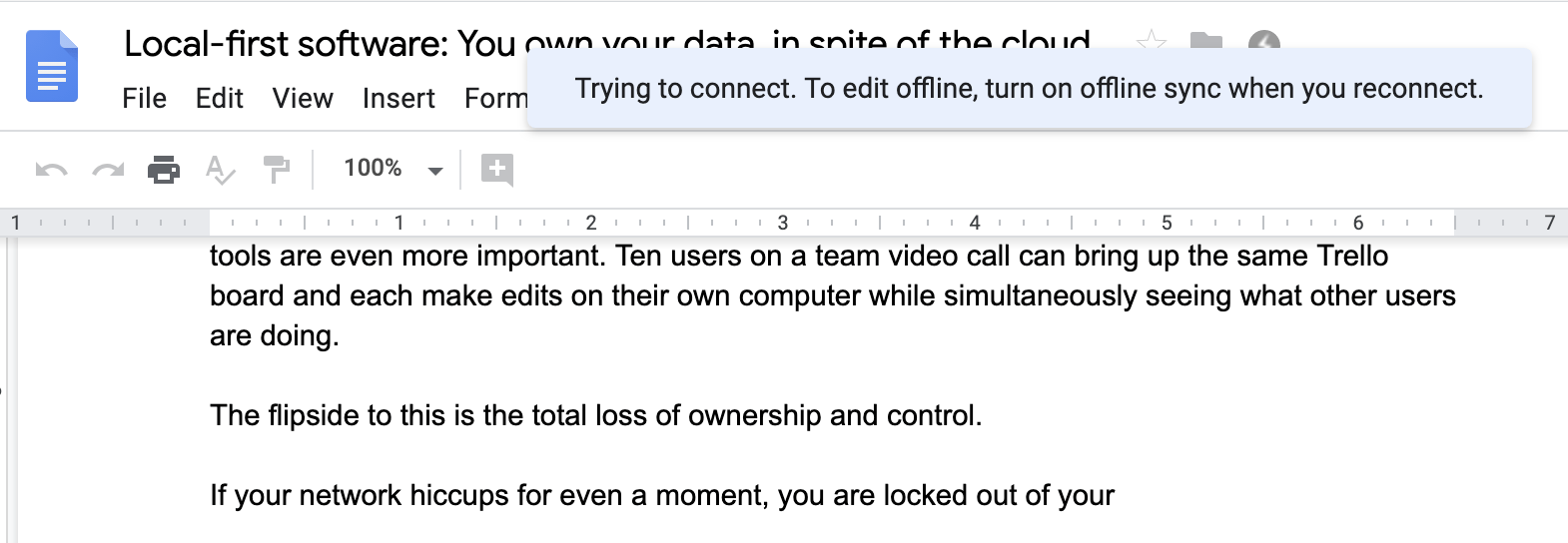 Google Docs 中的离线提示